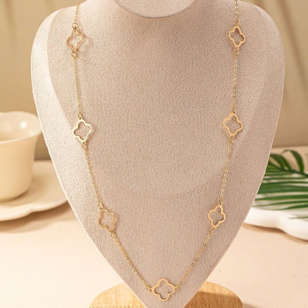Yellow Gold Women's One Hollow Out Clover Pendant Long Chain Vintage Neclace